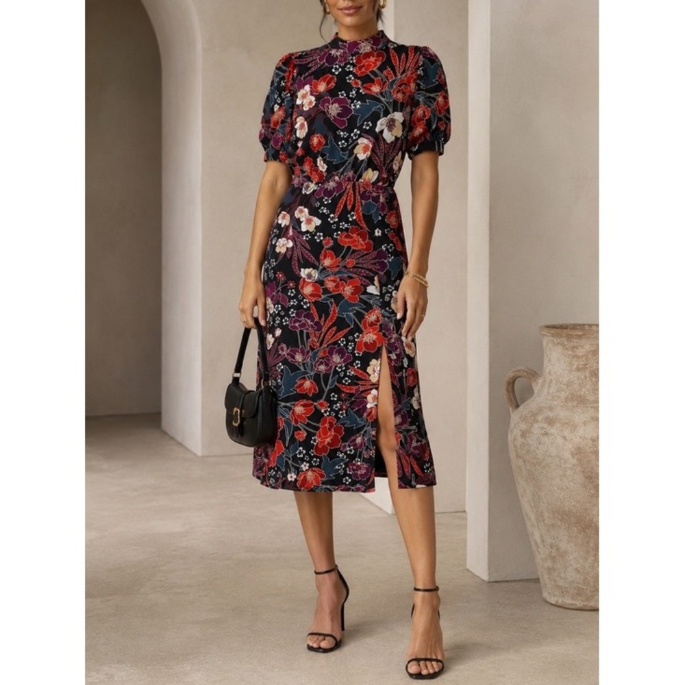 JULIA JORDAN Dark Floral Midi Dress 10 Puff Sleeve Career Office Party Wedding